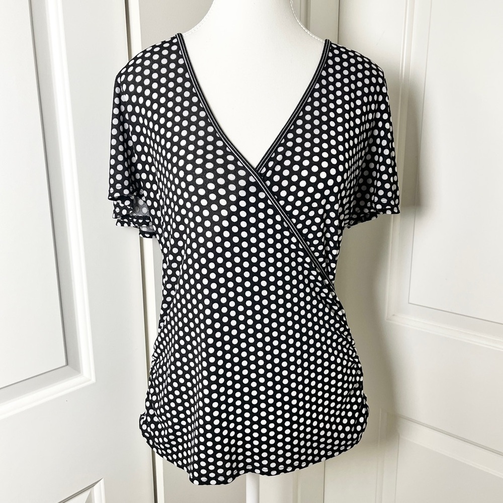 Max Studio Polka Dot V Neck Crossover Stretchy Blouse - Black & White, Medium